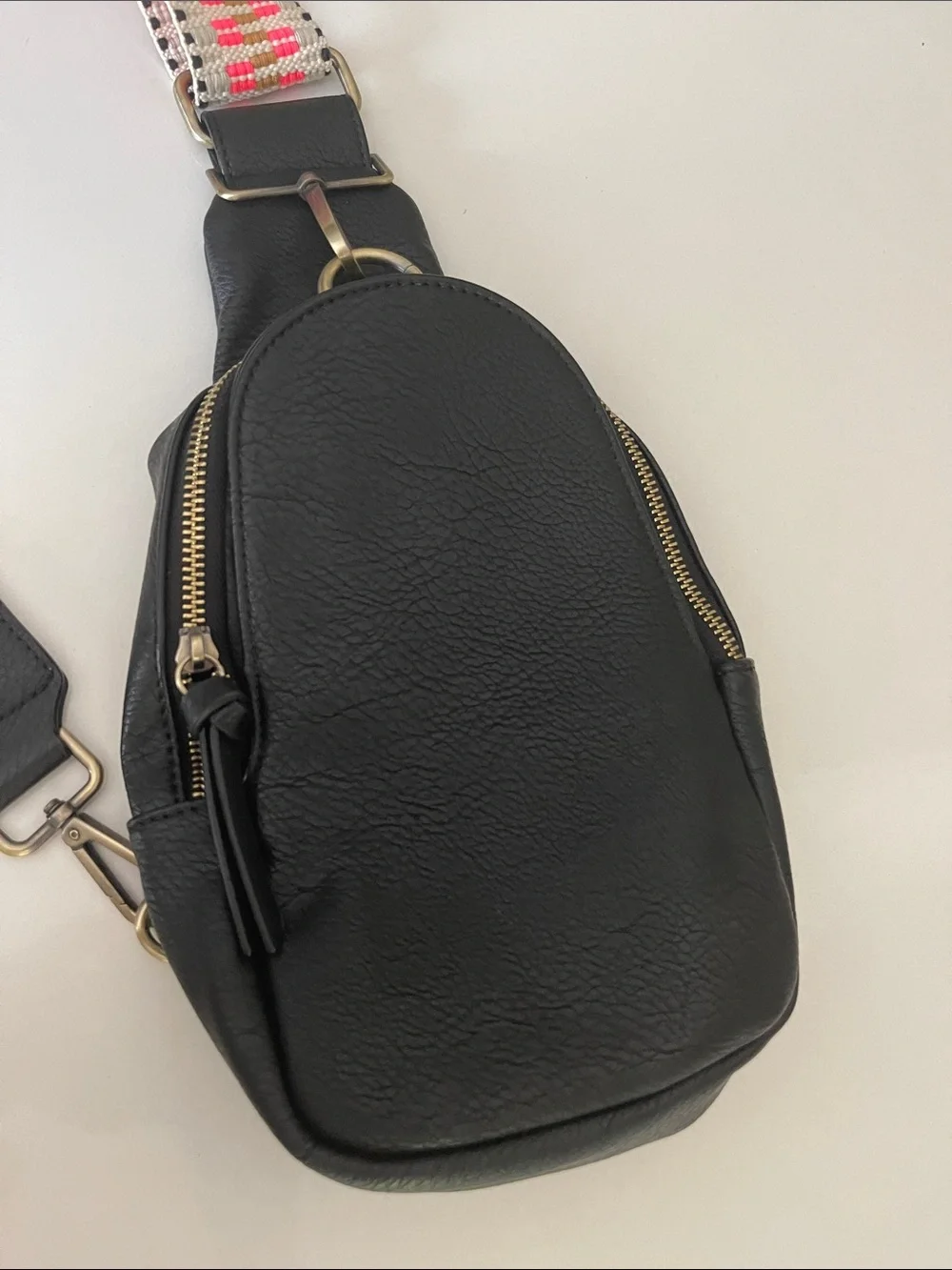 Anthropologie Urban Originals Black Crossbody Bag with Neon Pink and Cream Strap